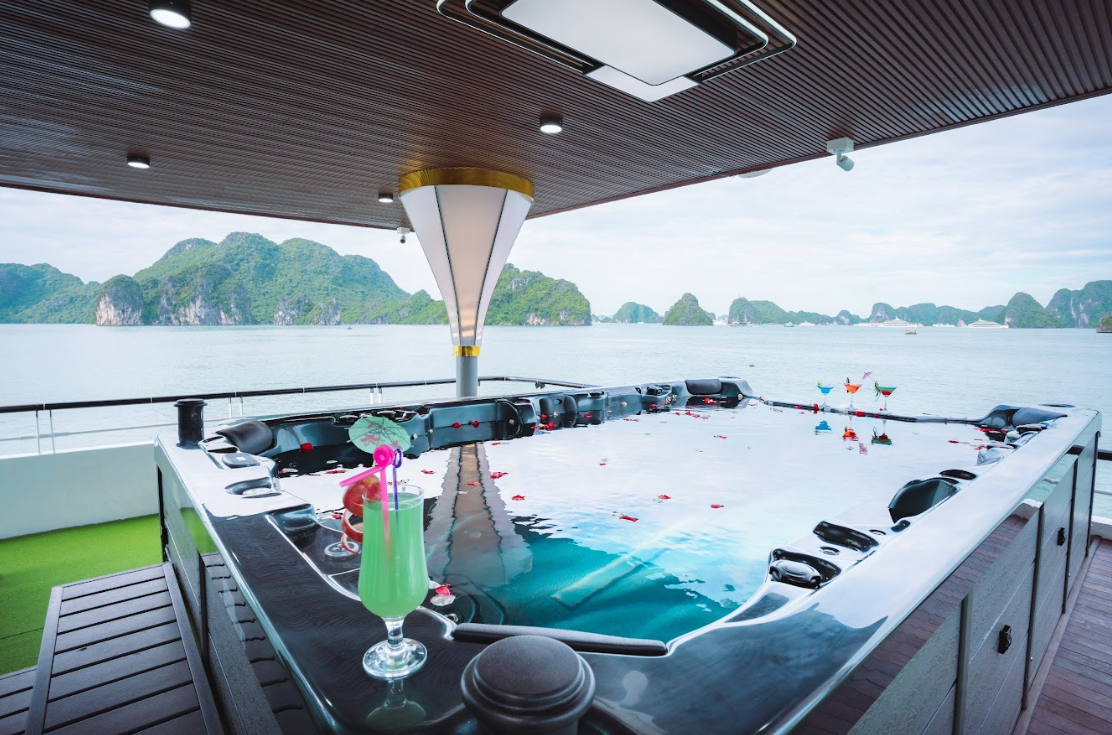 Jacuzzi on luxury Halong Bay Day Cruise boat with panoramic bay view